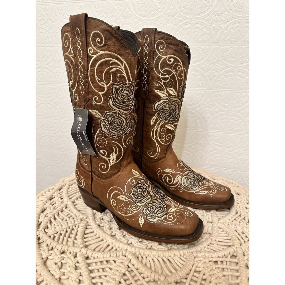🌸 Rock’em Brown and Gold Rose Western Boots Size 8 New